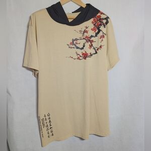 Men's Beige Cherry Blossom Hoodie with Black Accents